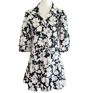 Zara Floral Black White Collared V Neck Midi Dress Boho Cottagecore Women's S